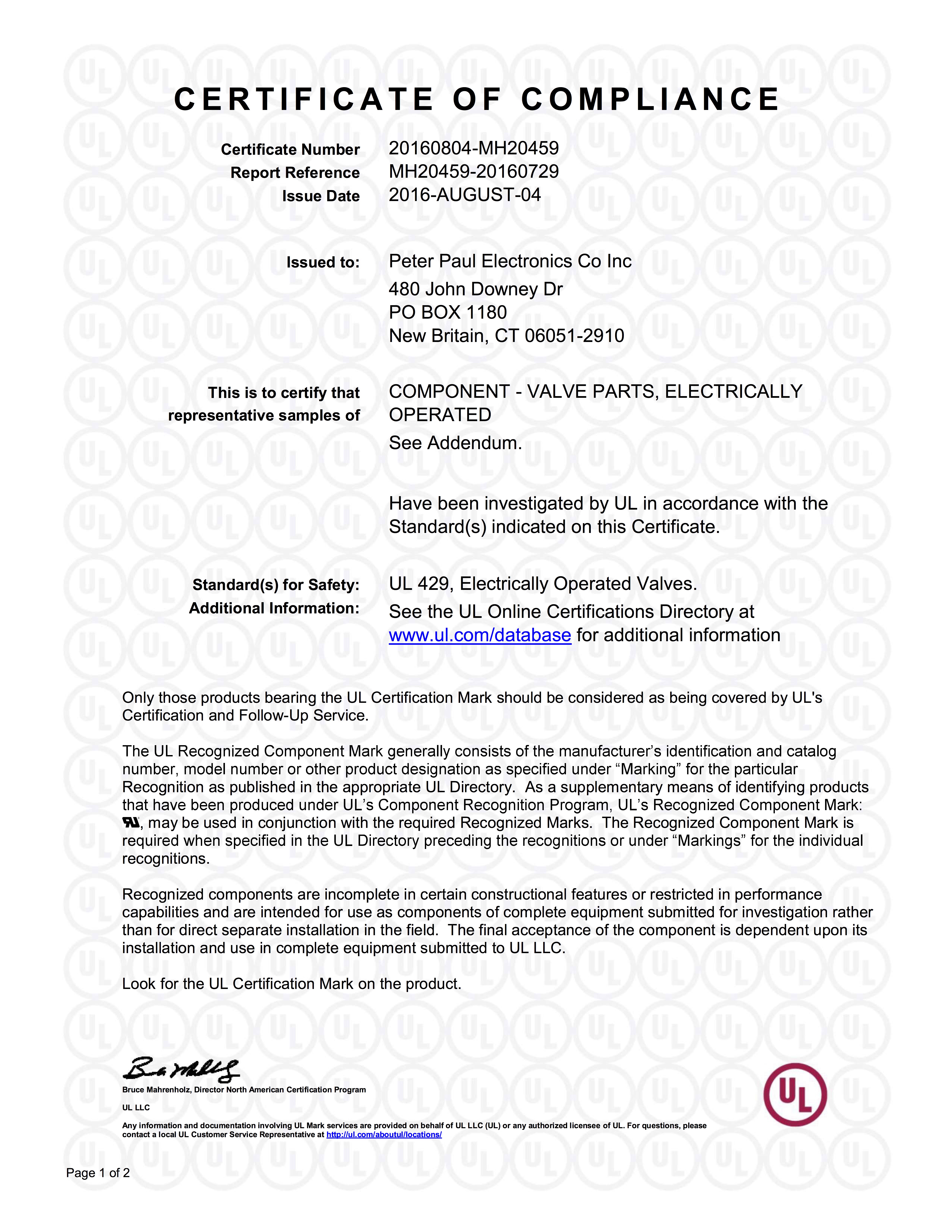 UL Recognized Components for Solenoid Coils Peter Paul Electronics Co